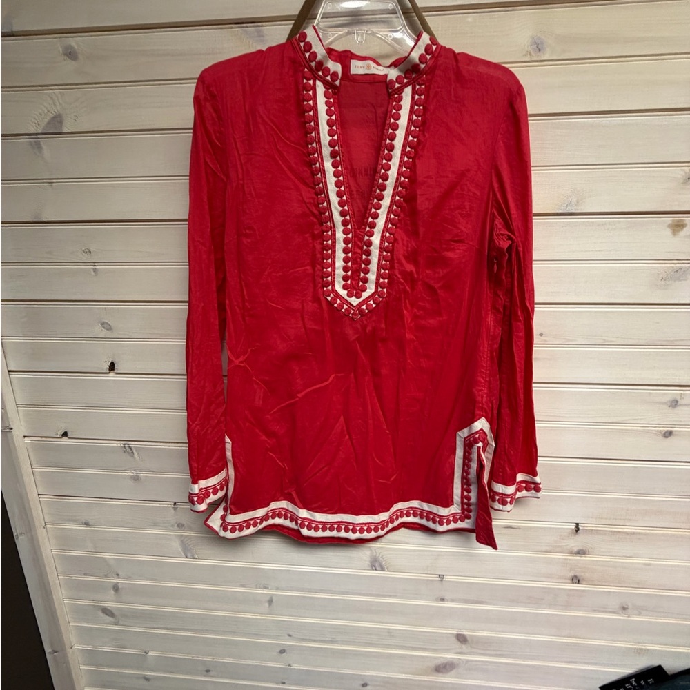 Tory Burch Vibrant Red Tunic with White Accents